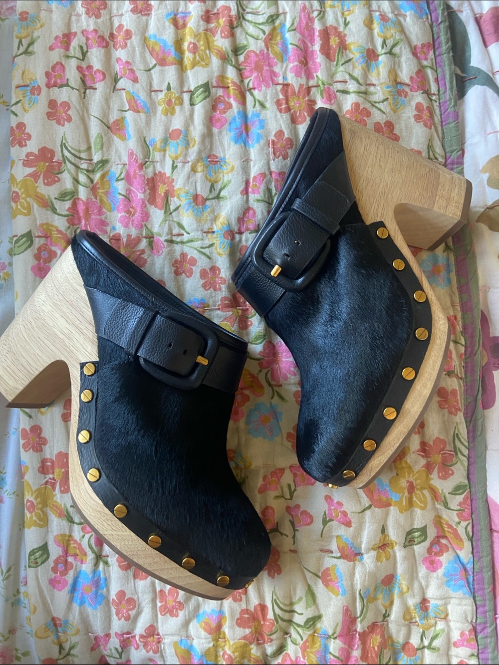 Veronica Beard Black Leather & Wood Studded Platform Clogs